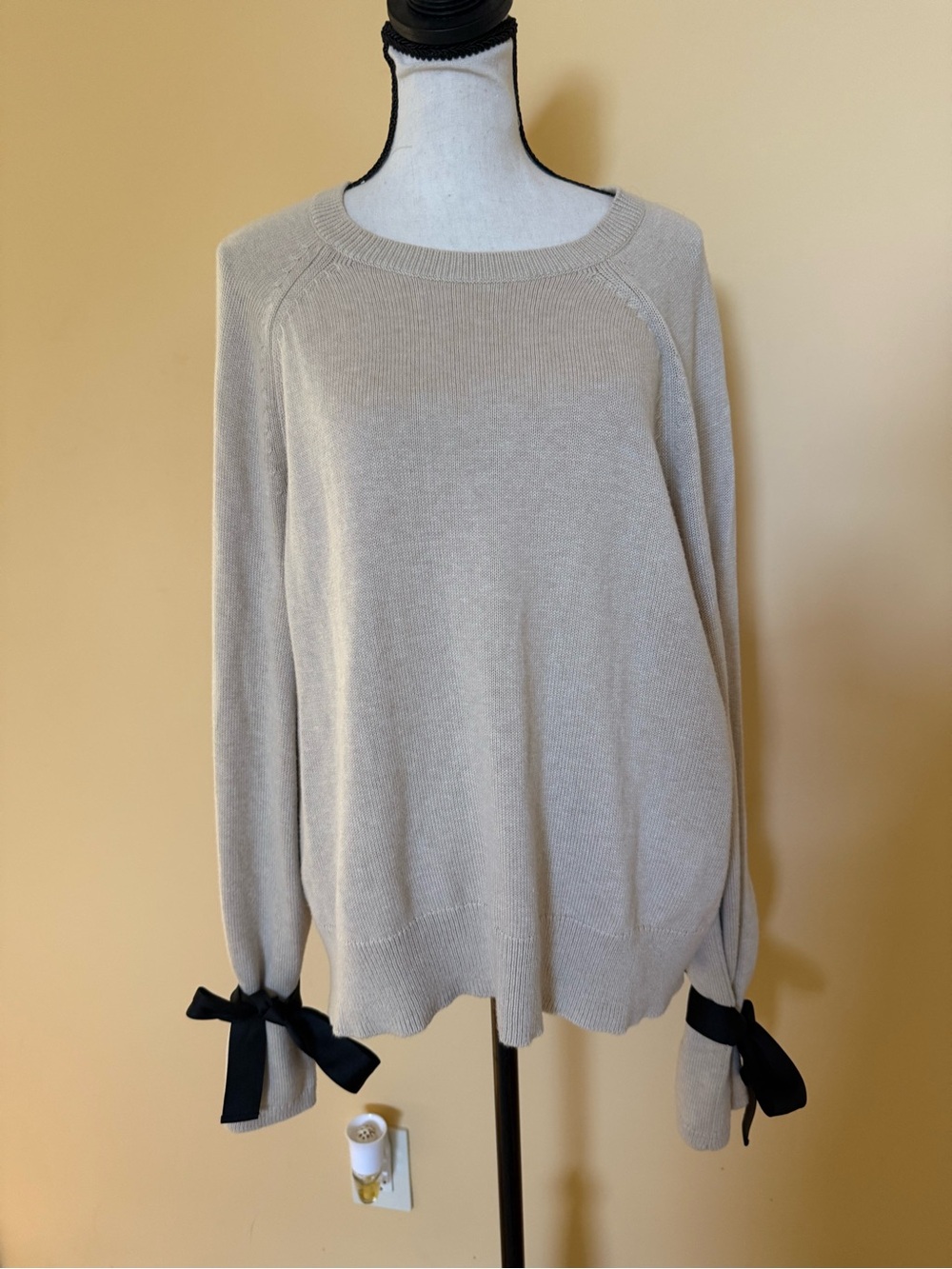 J. Crew-Mercantile Women's Cream Knit Sweater with Black Bow Cuffs